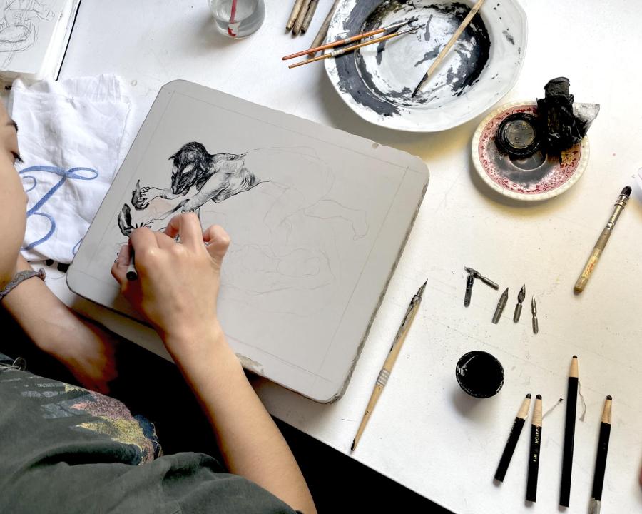 Dessin sur pierre lithographique.