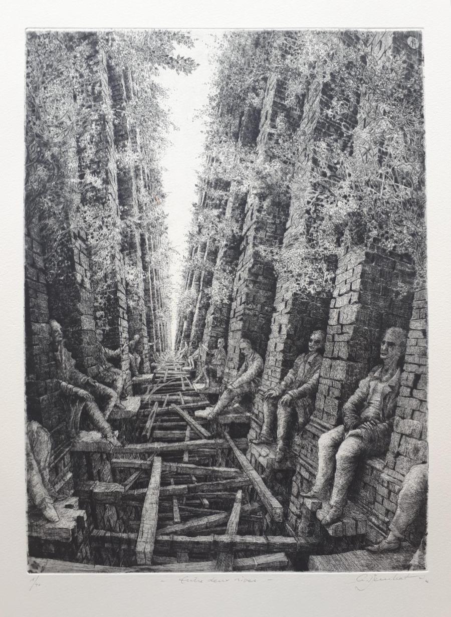 André Beuchat, « Entre deux rives », 2022, eau-forte et pointe sèche © André Beuchat, foto Roberto Morelli, Arteimmagine Fidenza
