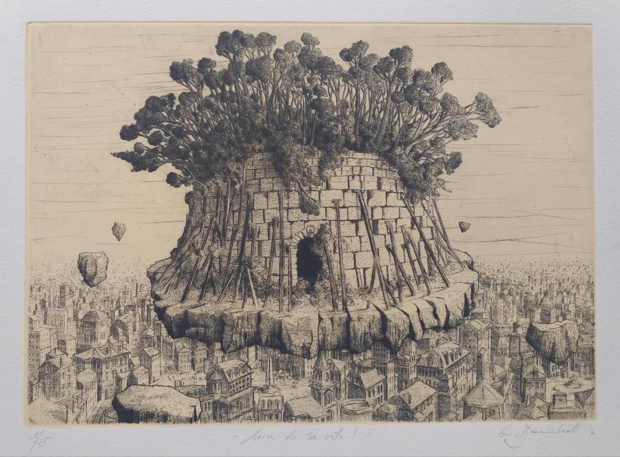 André Beuchat, « Loin de la ville ! », eau-forte et pointe sèche © André Beuchat, foto Carla Tedeschi