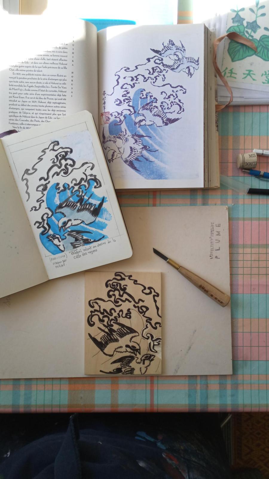 gravure sur bois d'aprés une oeuvre d'Hokusai "1000 oiseaux volant au dessus de la crête des vagues" - Christine Loichot2025©