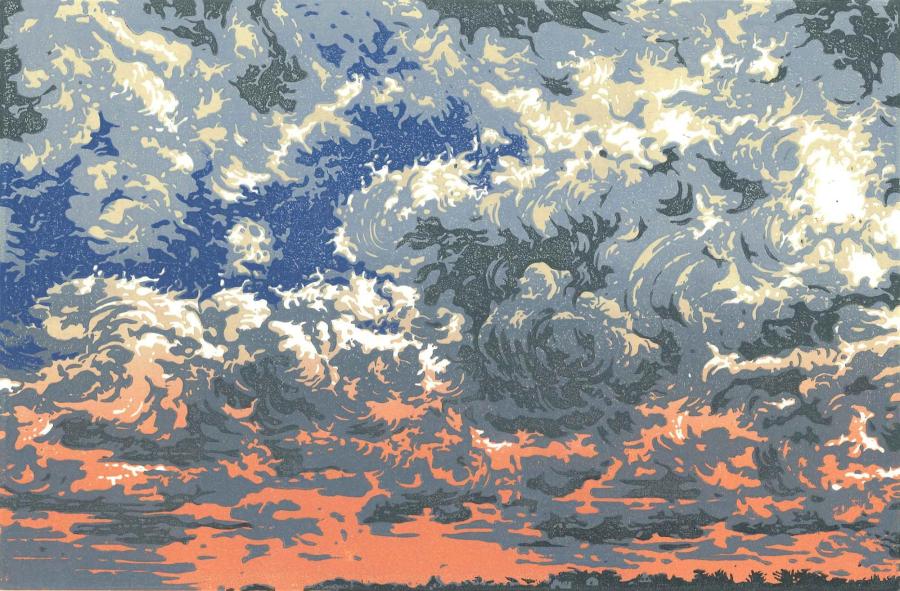 Nuages et nuées IV ocre, gris bleu et orange . Papier format 30 x 42 cm.