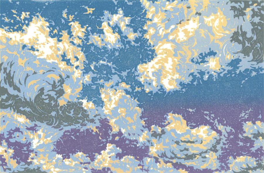 Nuages et nuées V ocre bleu et violet. Papier format 30 x 42 cm.