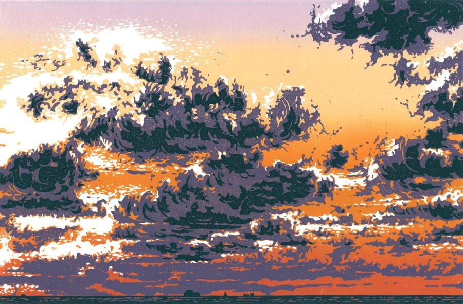 Nuages et nuées mauve orange et violet. Papier format 30 x 42 cm.