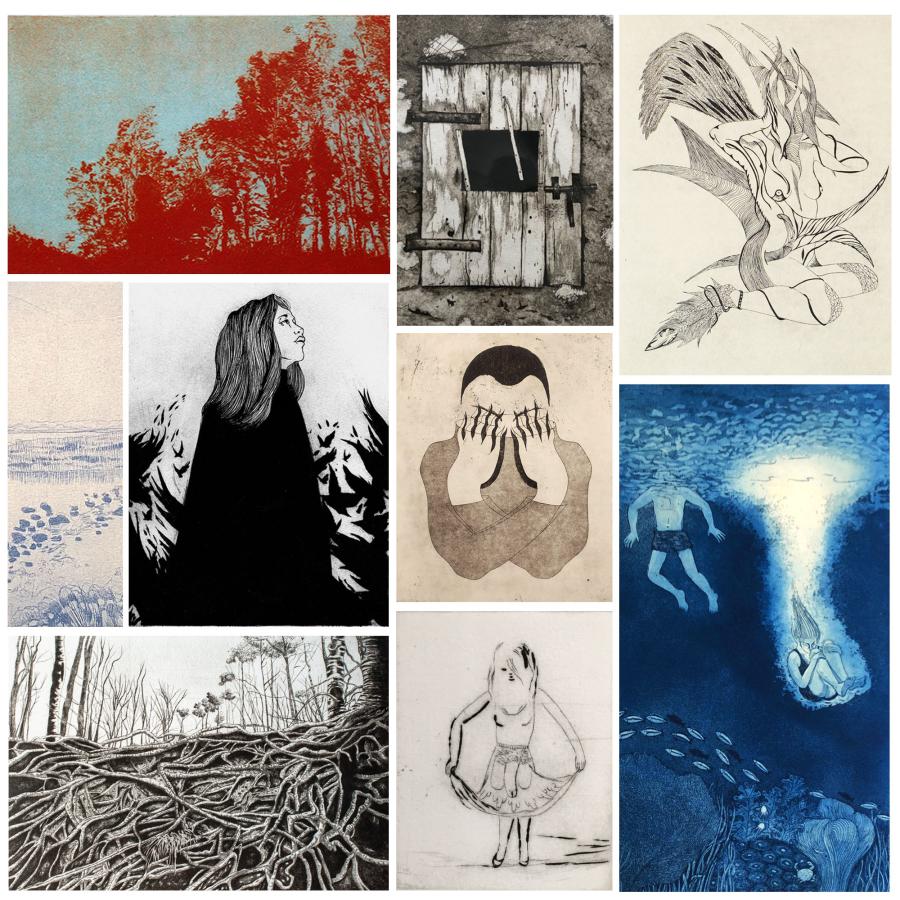 gravures de Christine Cabirol, Iza, AurÔre, Noésis, Camille Laforcenée, Conchi Paramo, Anne Frédérique Maurer et Agnès Dorval