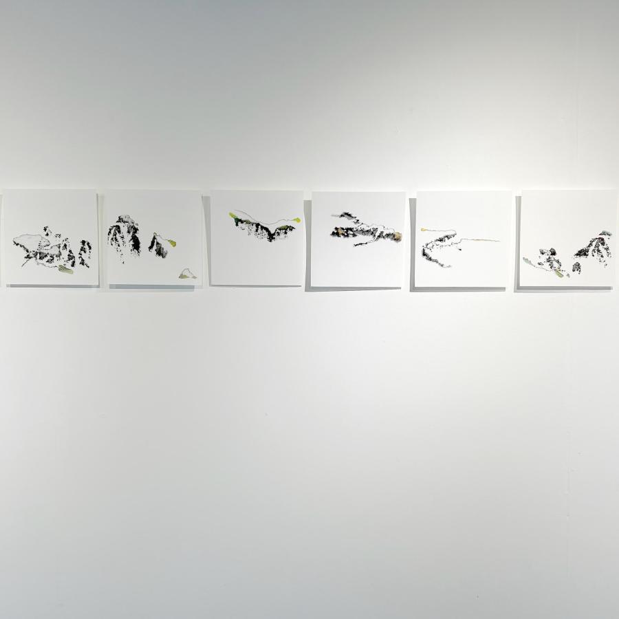 "paysages multiples", impression numérique rehaussée aux crayons de couleur et aquarelle